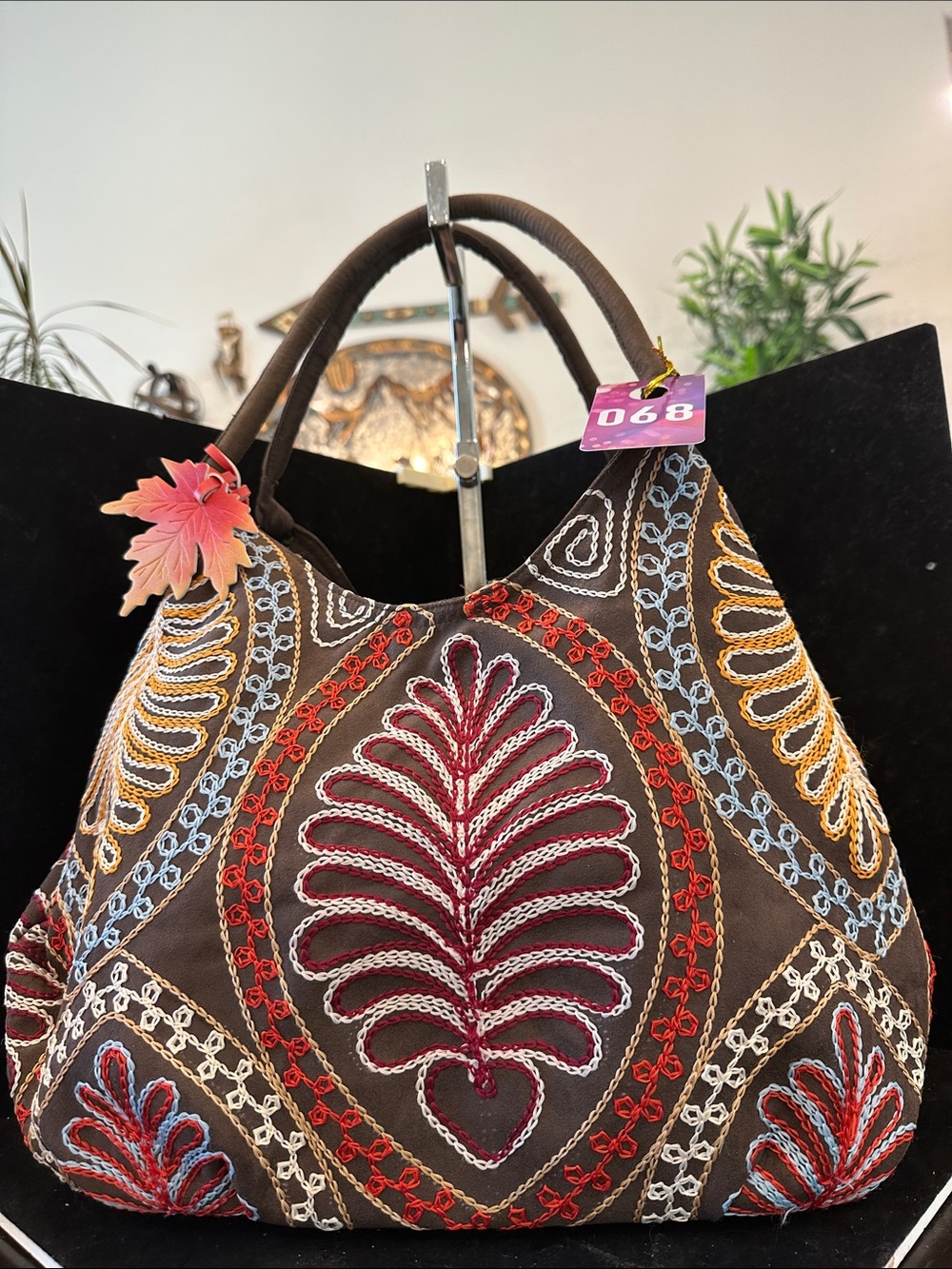 Embroidered #068 Brown Bohemian Shoulder Bag with Multicolor Leaf Motif